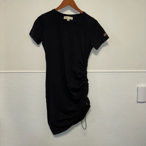 Michael Kors Tee Shirt Dress with Ruching Medium Women’s Black Gold Short Sleeve - Picture 5 of 13